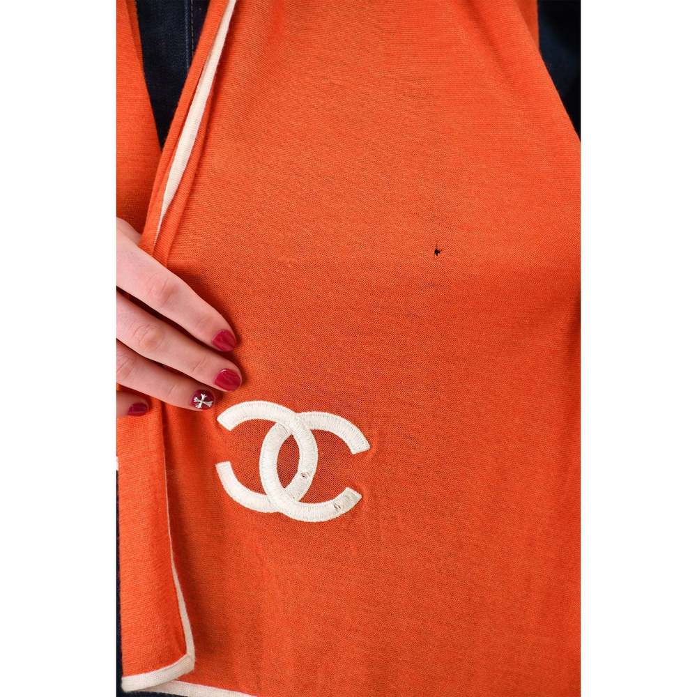 Pre-Loved Chanel™ Orange/White Cashmere/Silk Logo Scarf (As Is) - Picture 3 of 3